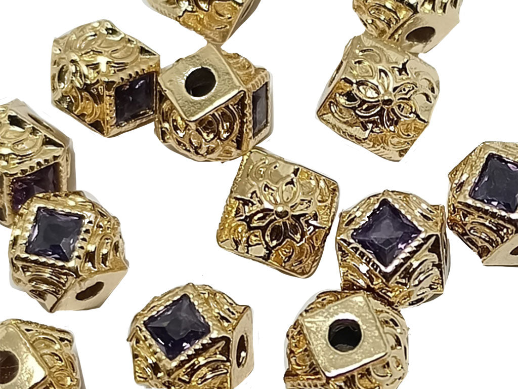 Dark Blue Golden AD Stone Hexa Ball Spacer Beads - Main Image