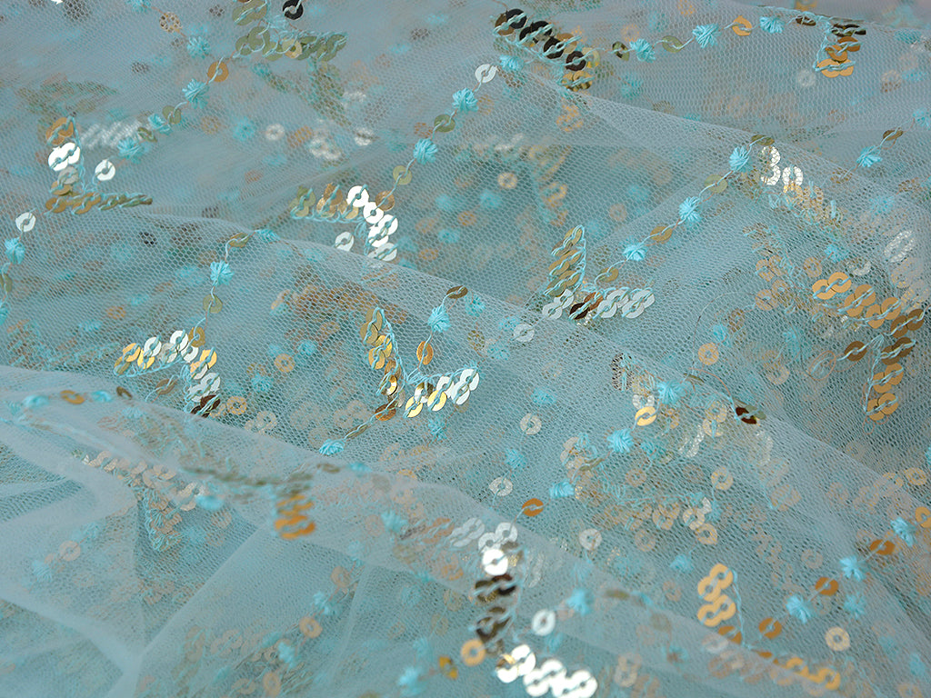 Light Aqua Blue Traditional Thread Sequins Embroidered Net Fabric
