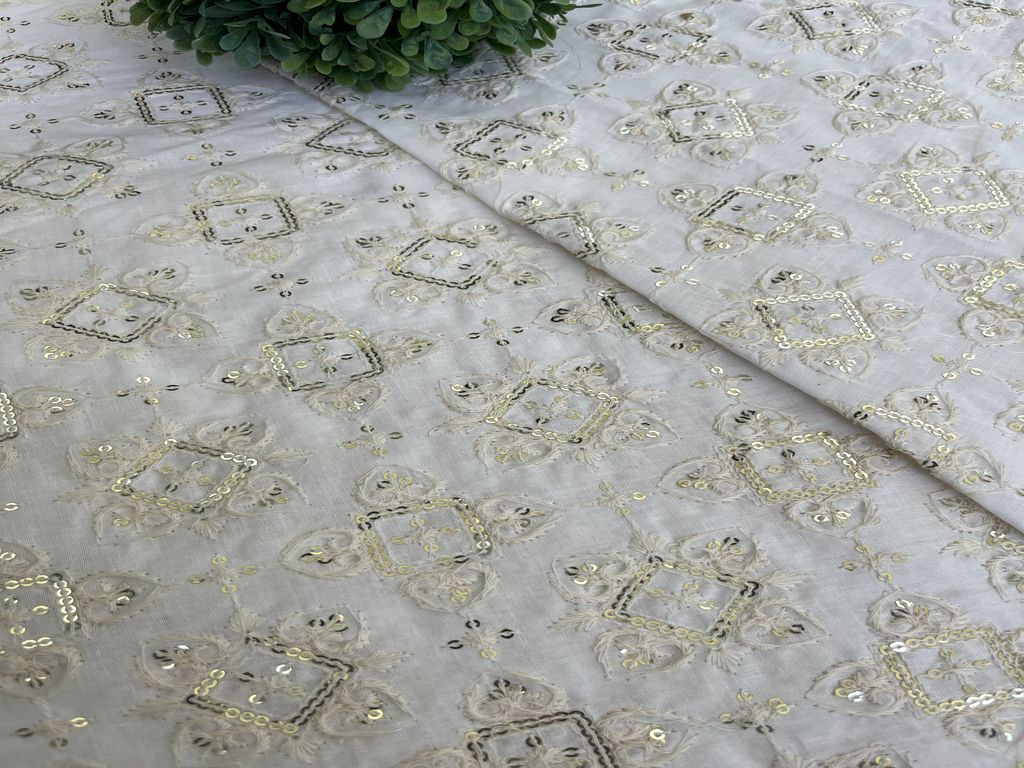 White Golden Geometric Dyeable Chikankari Sequins Embroidered Cotton  Fabric (Wholesale)