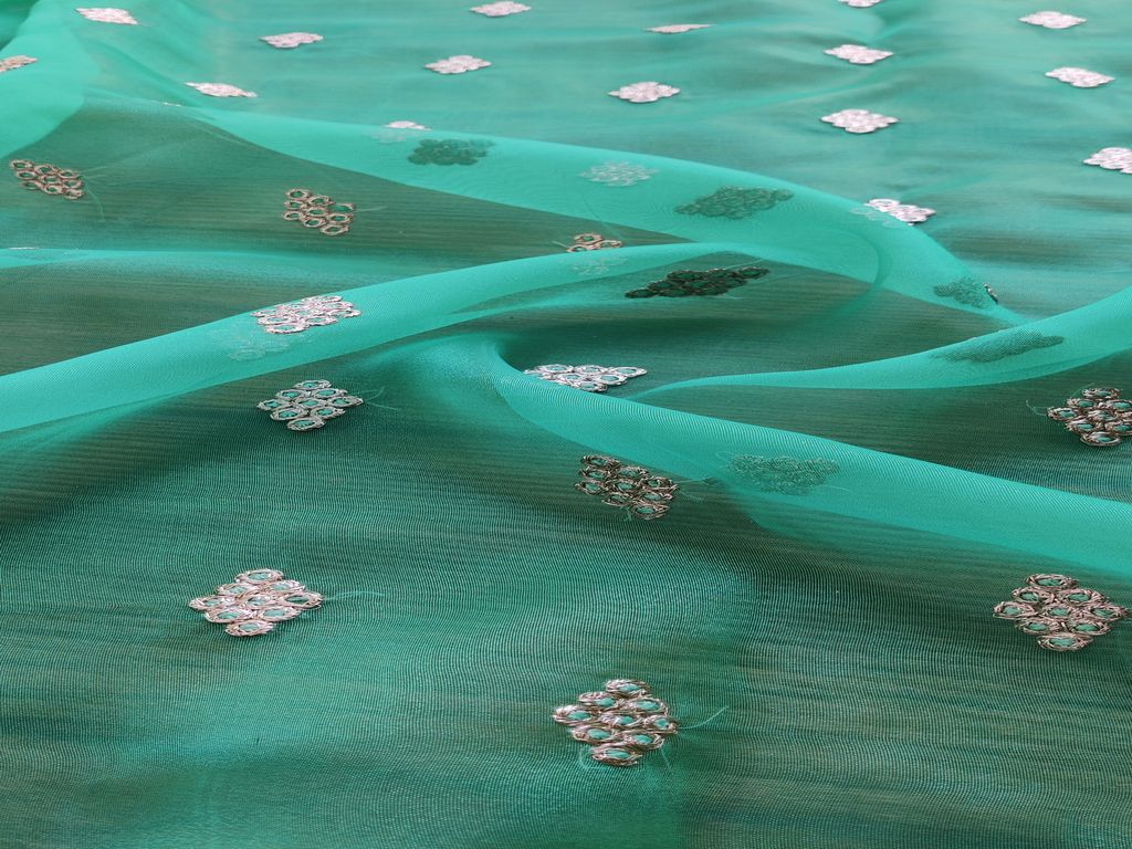 Green Motifs With Zardozi Organza Fabric (Wholesale)