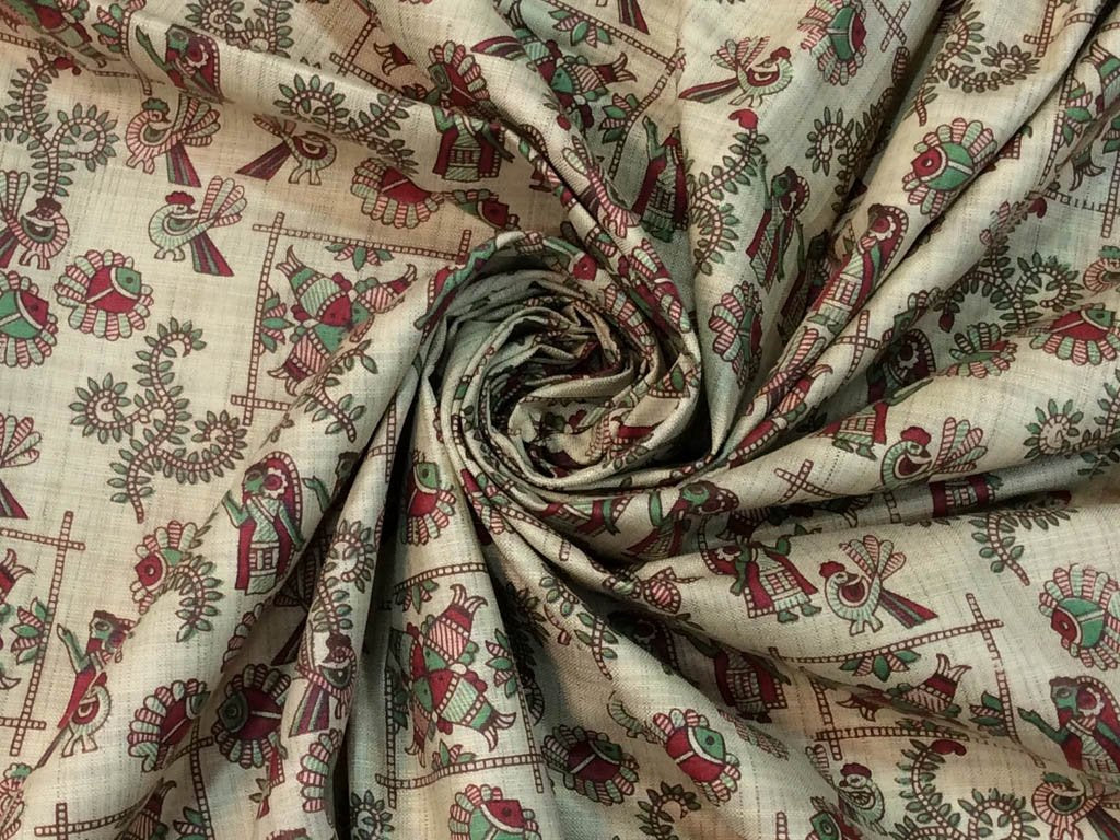 Beige Multicolour Objects Madhubani Printed Khadi Fabric