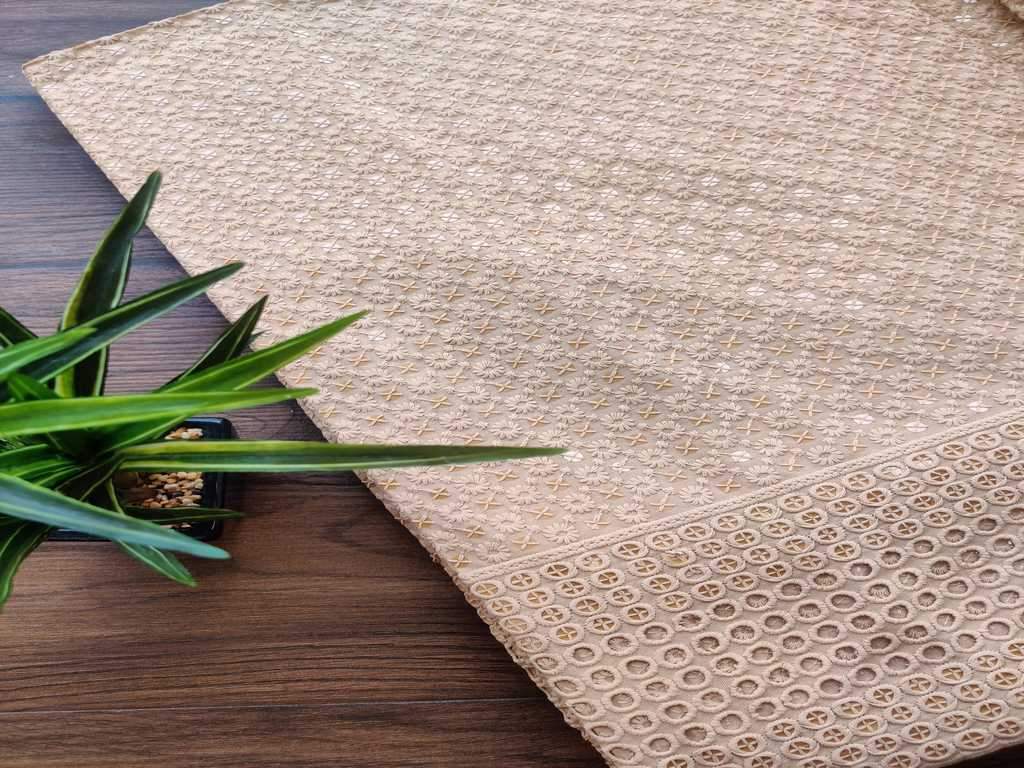 Beige Floral Chikankari Embroidered Rayon Fabric with Schiffli Border