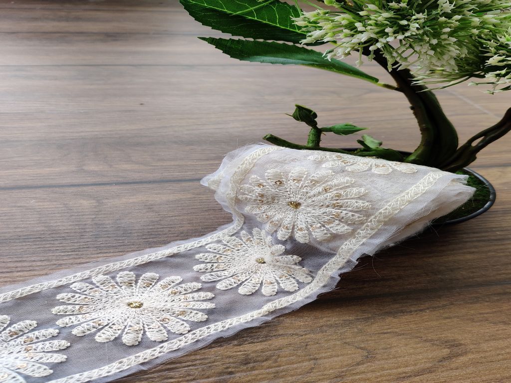 Silver Pearl Work Embroidered Lace Border