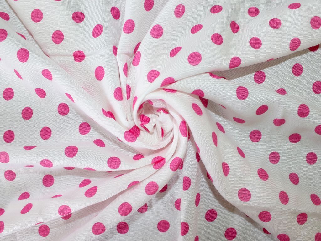 White Pink Polka Dots Viscose Rayon Fabric