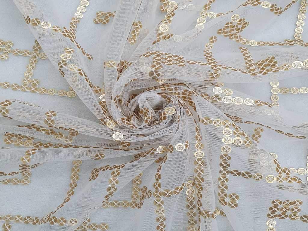 White Geometric Embroidered Net Fabric