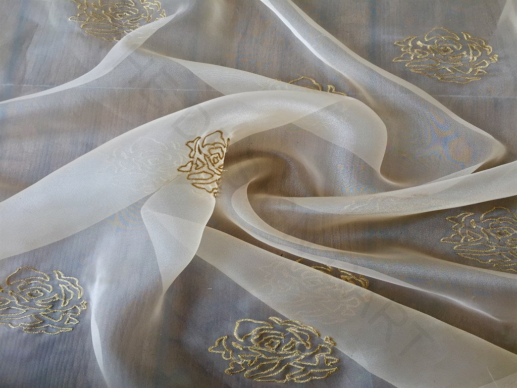 Cream Golden Floral Embroidered Organza Fabric - Main Image