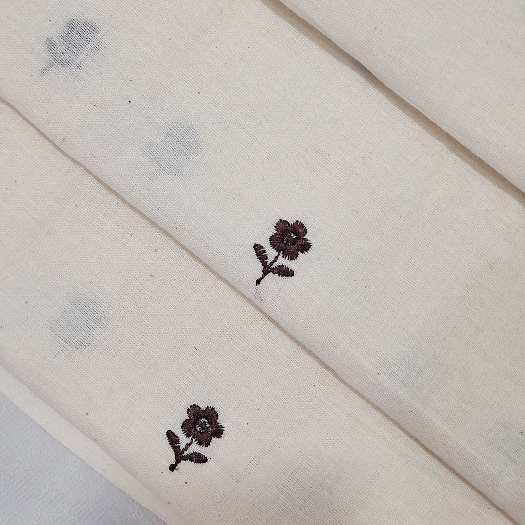 White with Single Floral Embroidery Kora Cotton Fabric