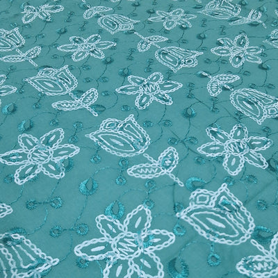 Peacock Green  with White Tulip & Daisy Embroidery Cotton Chikan Fabric