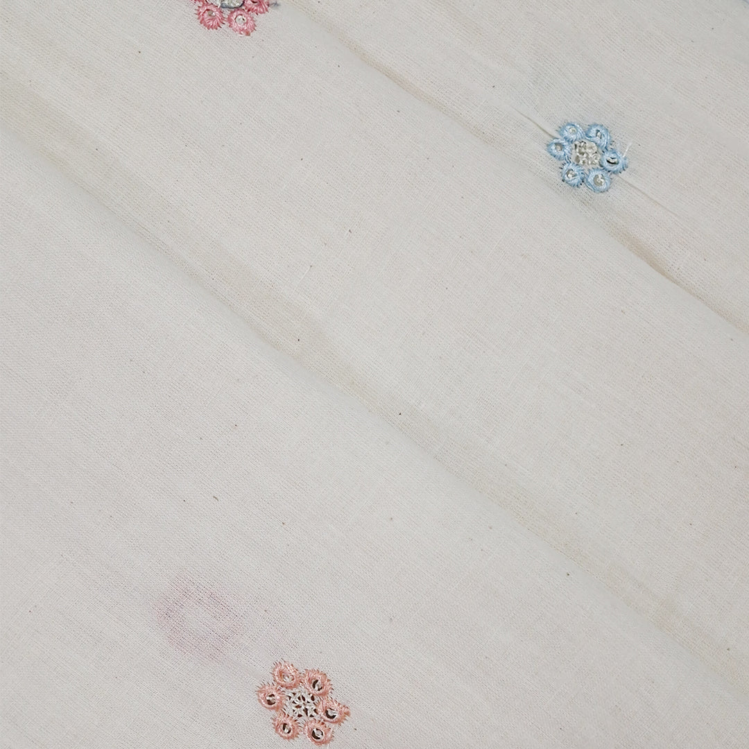 White Fabric with Delicate Multicolour Mini Flowers Kora Cotton Fabric