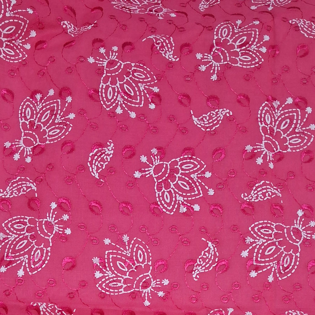 Bright Pink with White Paisley & Floral Embroidery Cotton Chikan Fabric