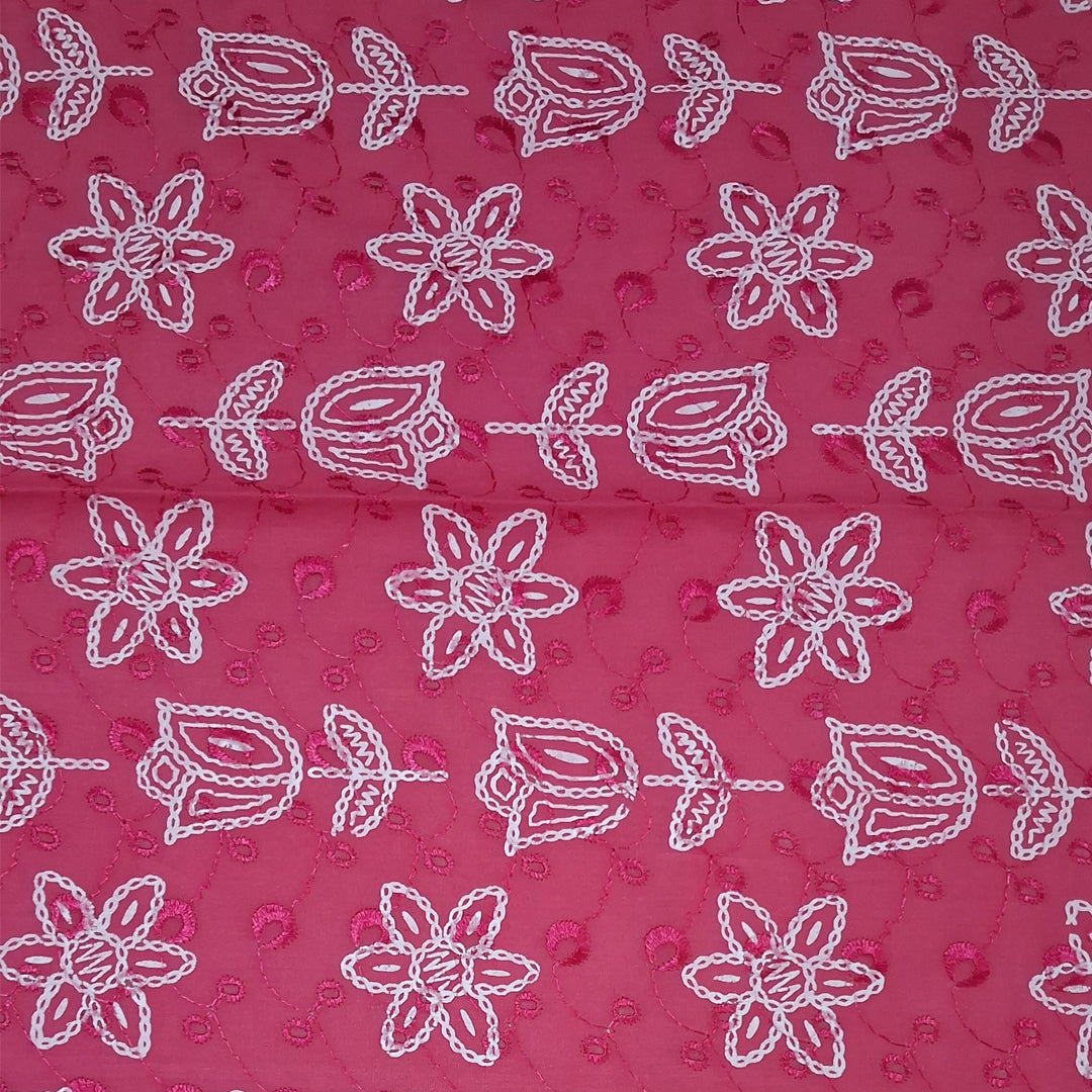 Bright Pink with White Tulip & Daisy Embroidery Cotton Chikan Fabric