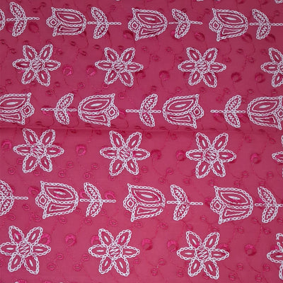 Bright Pink with White Tulip & Daisy Embroidery Cotton Chikan Fabric