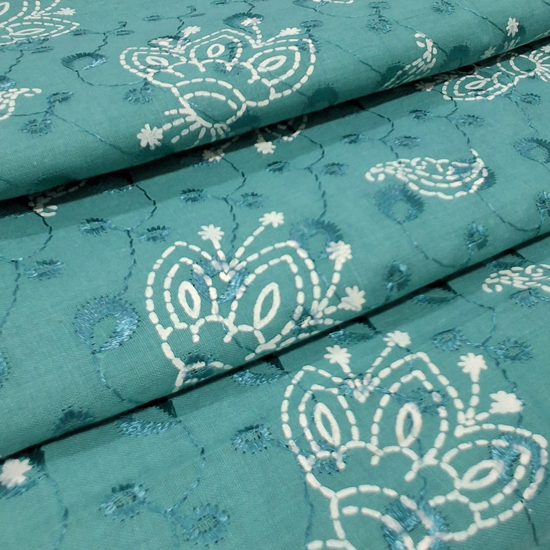Peacock Green  with White Paisley & Floral Embroidery Cotton Chikan Fabric