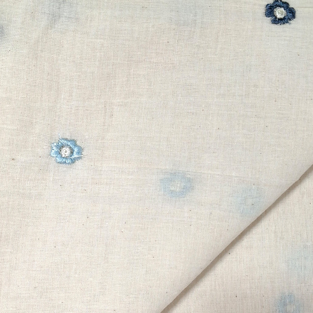 White with All-Over Small Multicolour Floral Embroidery Kora Cotton Fabric