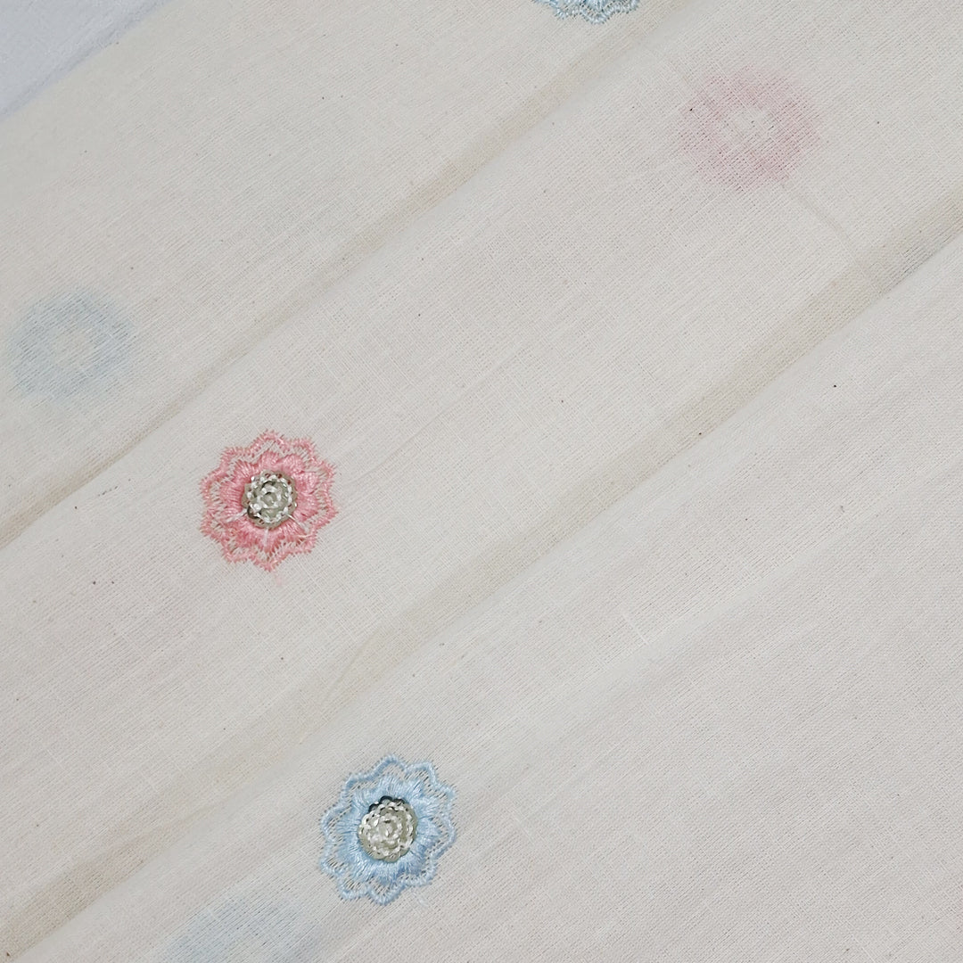 White With Multicolour Zigzag Petal Floral Butti Embroidery work Kora Cotton Fabric