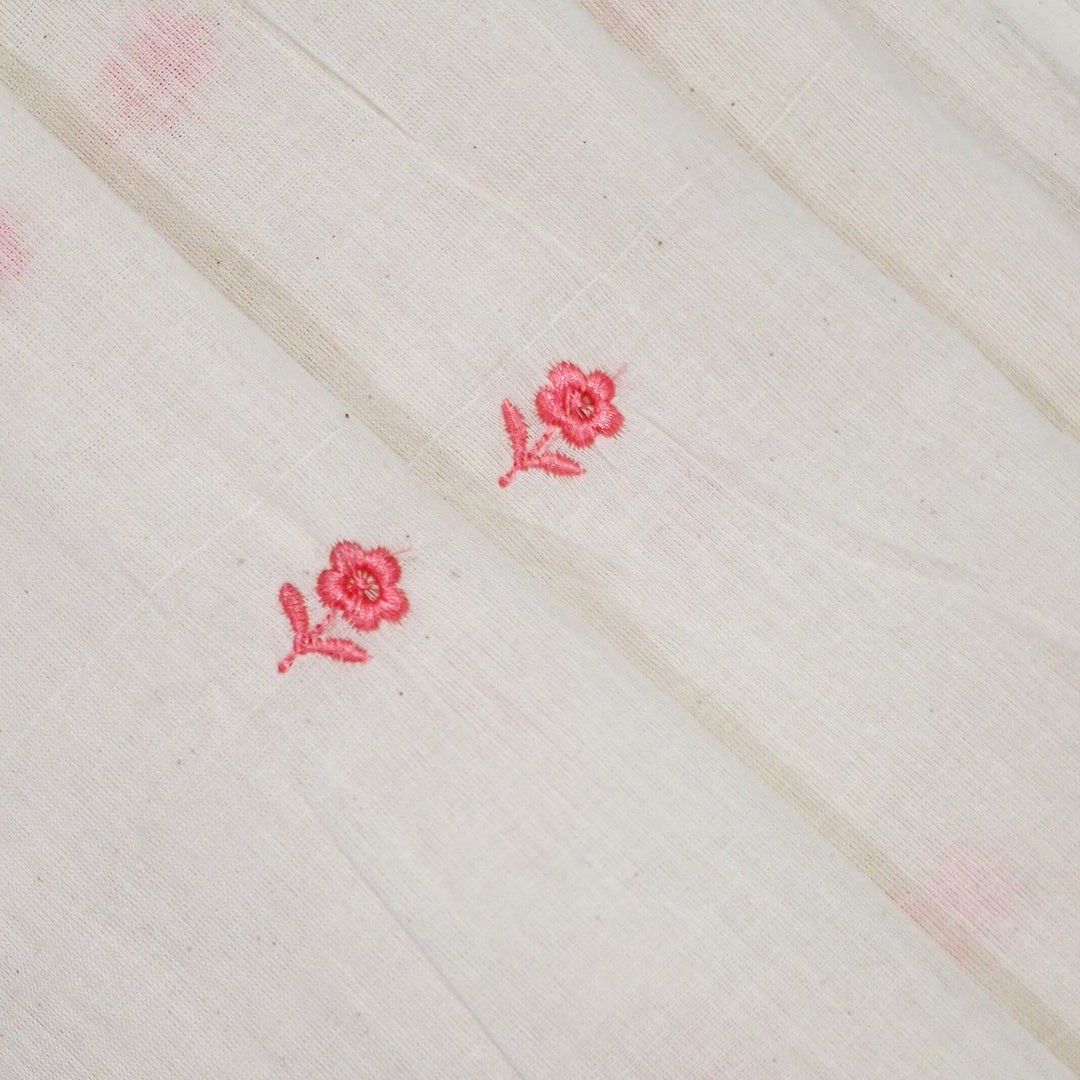 White with Single Floral Embroidery Kora Cotton Fabric