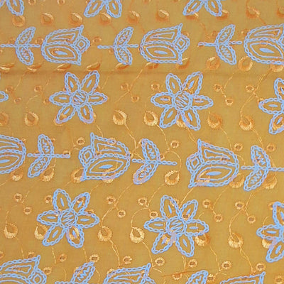 Mango Yellow with White Tulip & Daisy Embroidery Cotton Chikan Fabric
