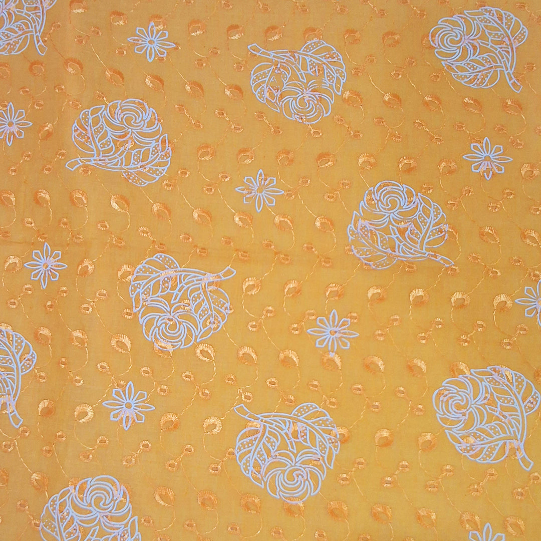 Mango Yellow with White Leaf & Floral Embroidery Cotton Chikan Fabric