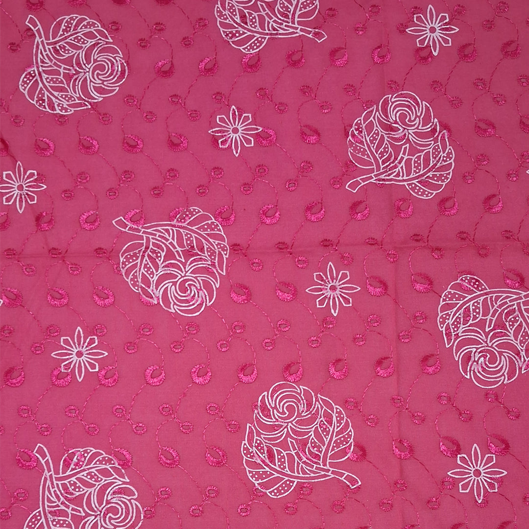 Bright Pink  with White Leaf & Floral Embroidery Cotton Chikan Fabric