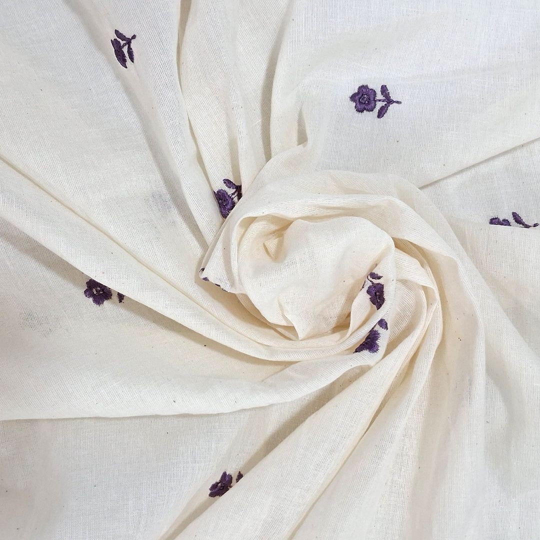 White with Single Floral Embroidery Kora Cotton  Fabric