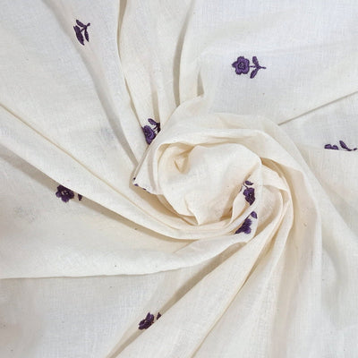 White with Single Floral Embroidery Kora Cotton  Fabric