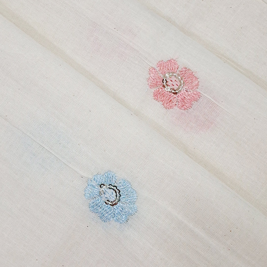 White  with Beautiful Multicolour Floral Embroidery Kora Cotton