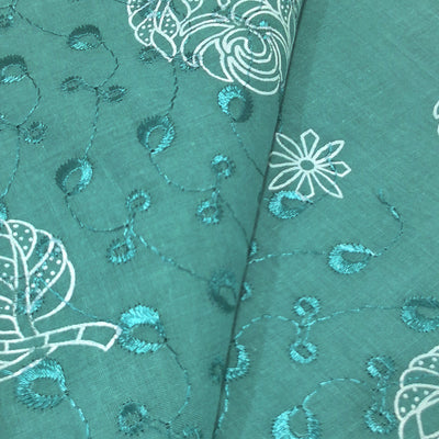 Peacock Green with White Leaf & Floral Embroidery Cotton Chikan Fabric