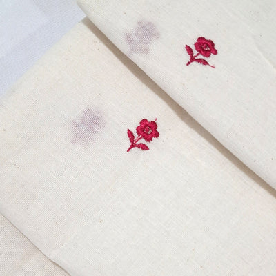 White with Single Floral Embroidery Kora Cotton Fabric
