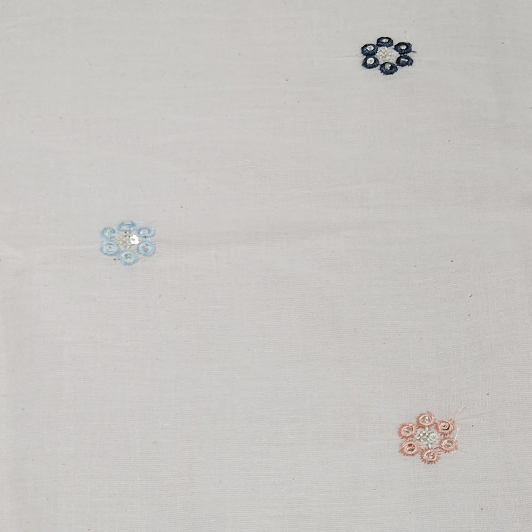 White Fabric with Delicate Multicolour Mini Flowers Kora Cotton Fabric