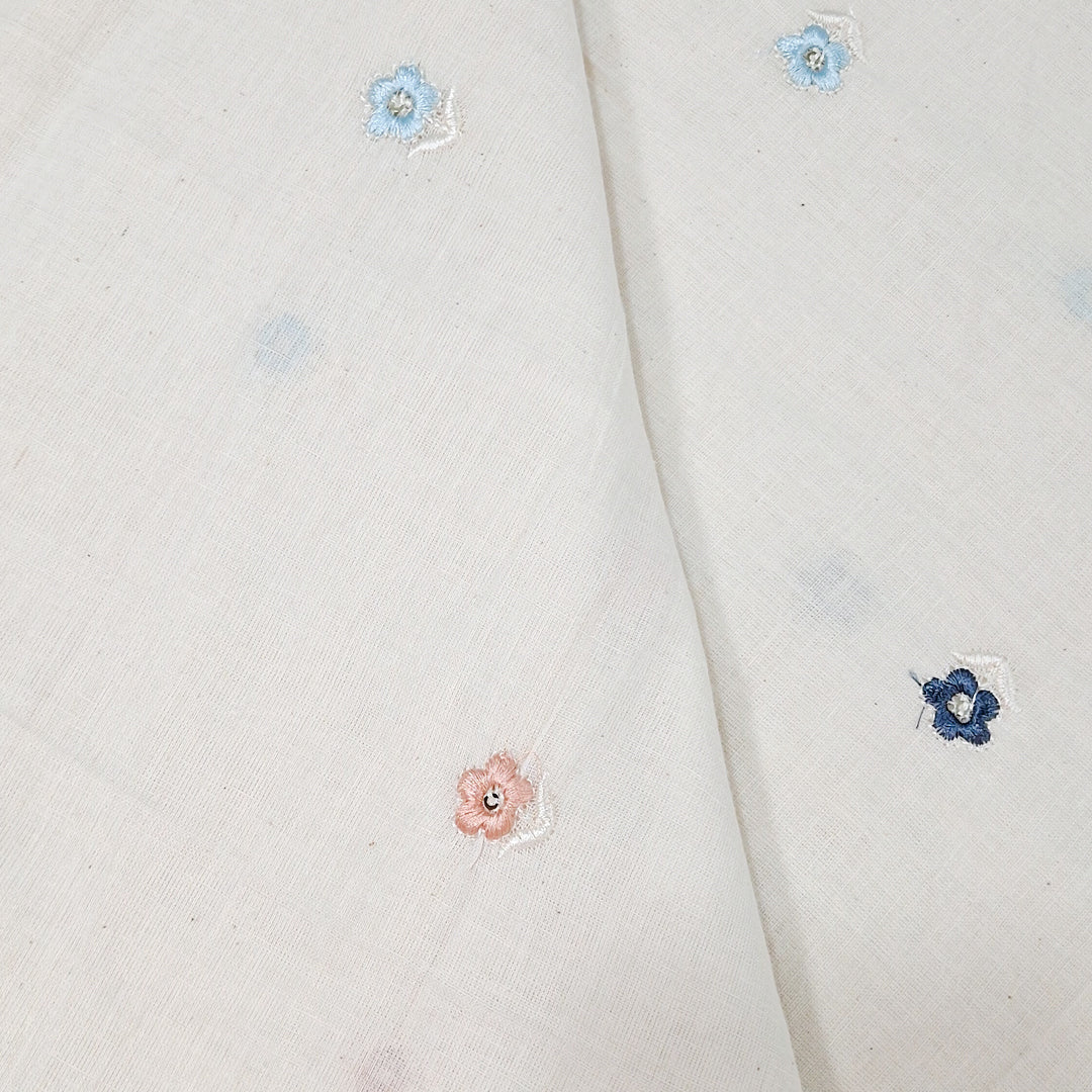 White With Multi Colour Small Floral Embroidery work Kora Cotton