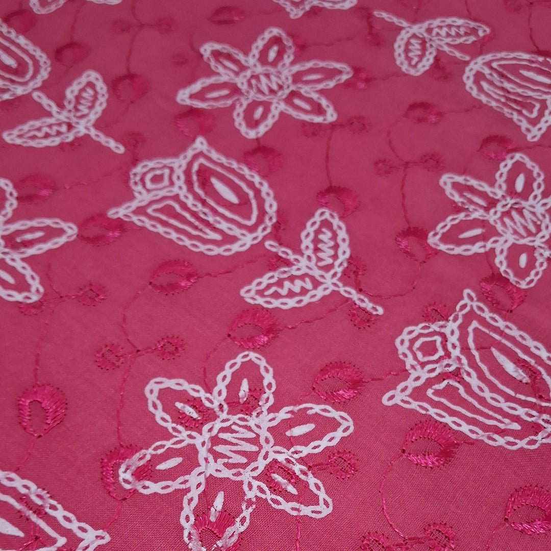Bright Pink with White Tulip & Daisy Embroidery Cotton Chikan Fabric
