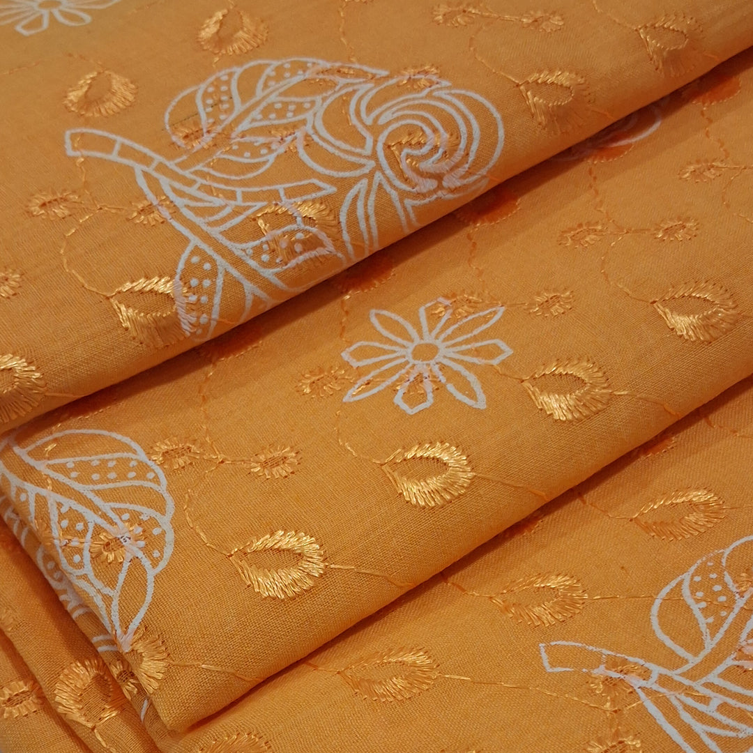 Mango Yellow with White Leaf & Floral Embroidery Cotton Chikan Fabric