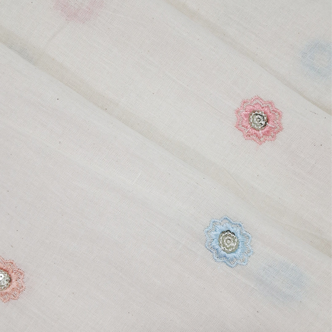 White With Multicolour Zigzag Petal Floral Butti Embroidery work Kora Cotton Fabric