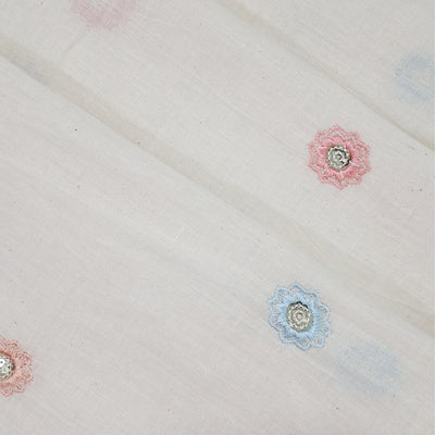 White With Multicolour Zigzag Petal Floral Butti Embroidery work Kora Cotton Fabric