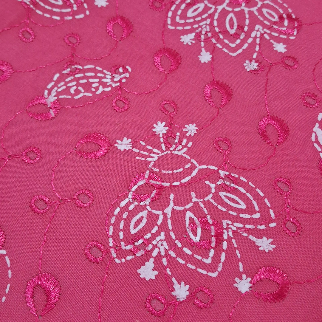 Bright Pink with White Paisley & Floral Embroidery Cotton Chikan Fabric