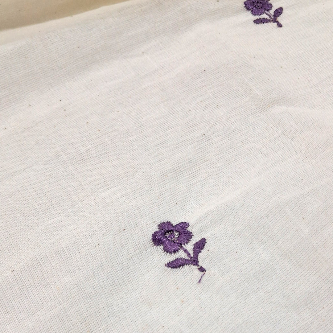 White with Single Floral Embroidery Kora Cotton  Fabric