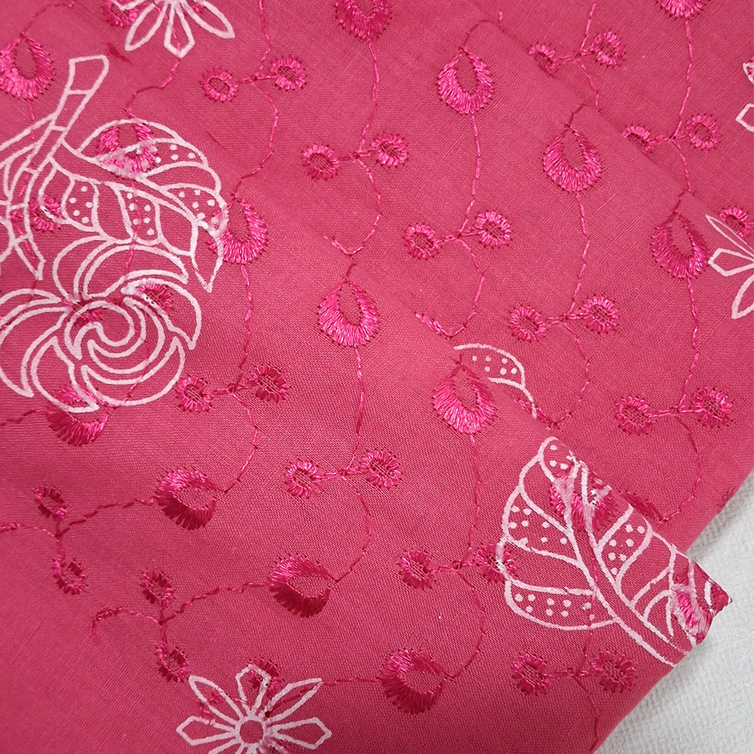 Bright Pink  with White Leaf & Floral Embroidery Cotton Chikan Fabric