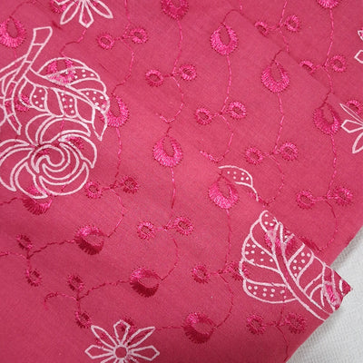 Bright Pink  with White Leaf & Floral Embroidery Cotton Chikan Fabric