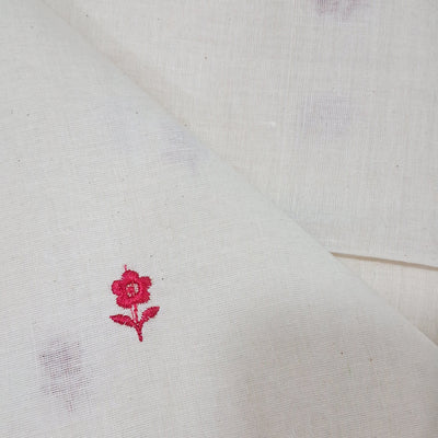 White with Single Floral Embroidery Kora Cotton Fabric