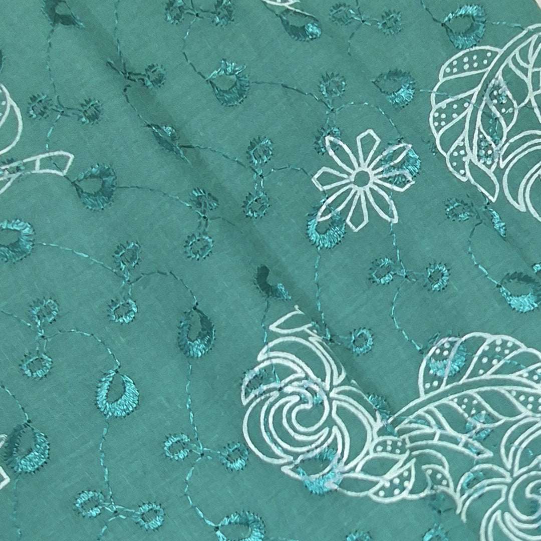 Peacock Green with White Leaf & Floral Embroidery Cotton Chikan Fabric