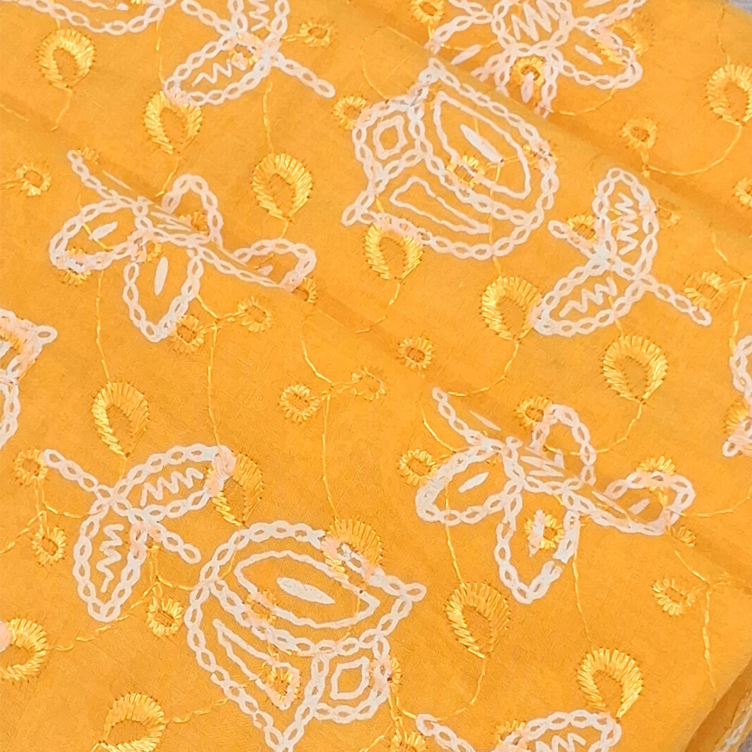 Mango Yellow with White Tulip & Daisy Embroidery Cotton Chikan Fabric