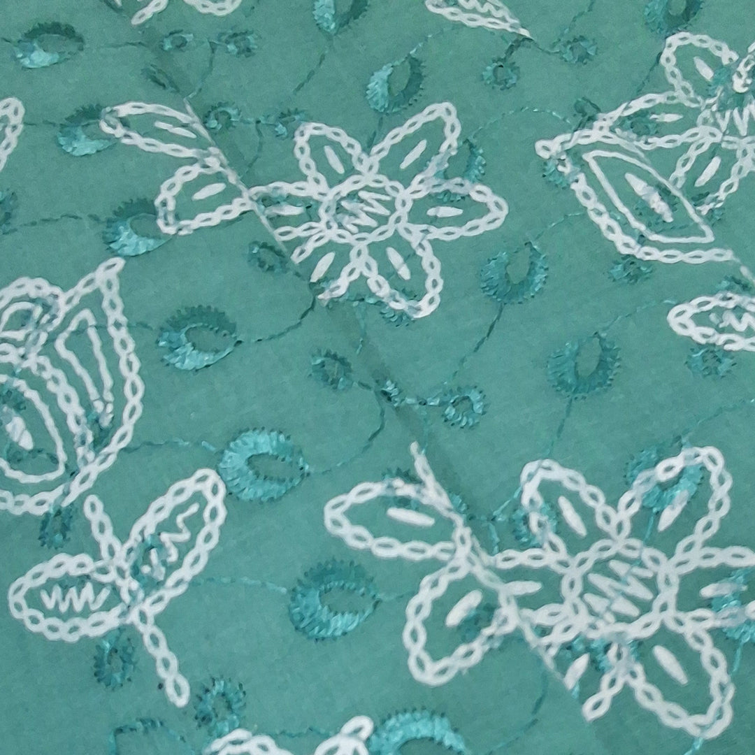 Peacock Green  with White Tulip & Daisy Embroidery Cotton Chikan Fabric
