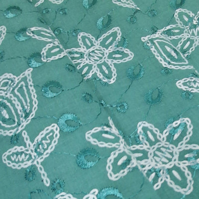 Peacock Green  with White Tulip & Daisy Embroidery Cotton Chikan Fabric