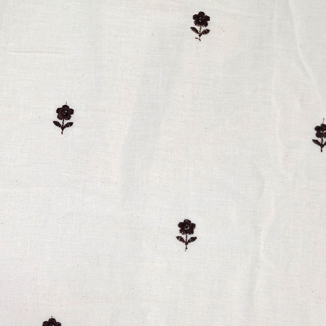 White with Single Floral Embroidery Kora Cotton Fabric