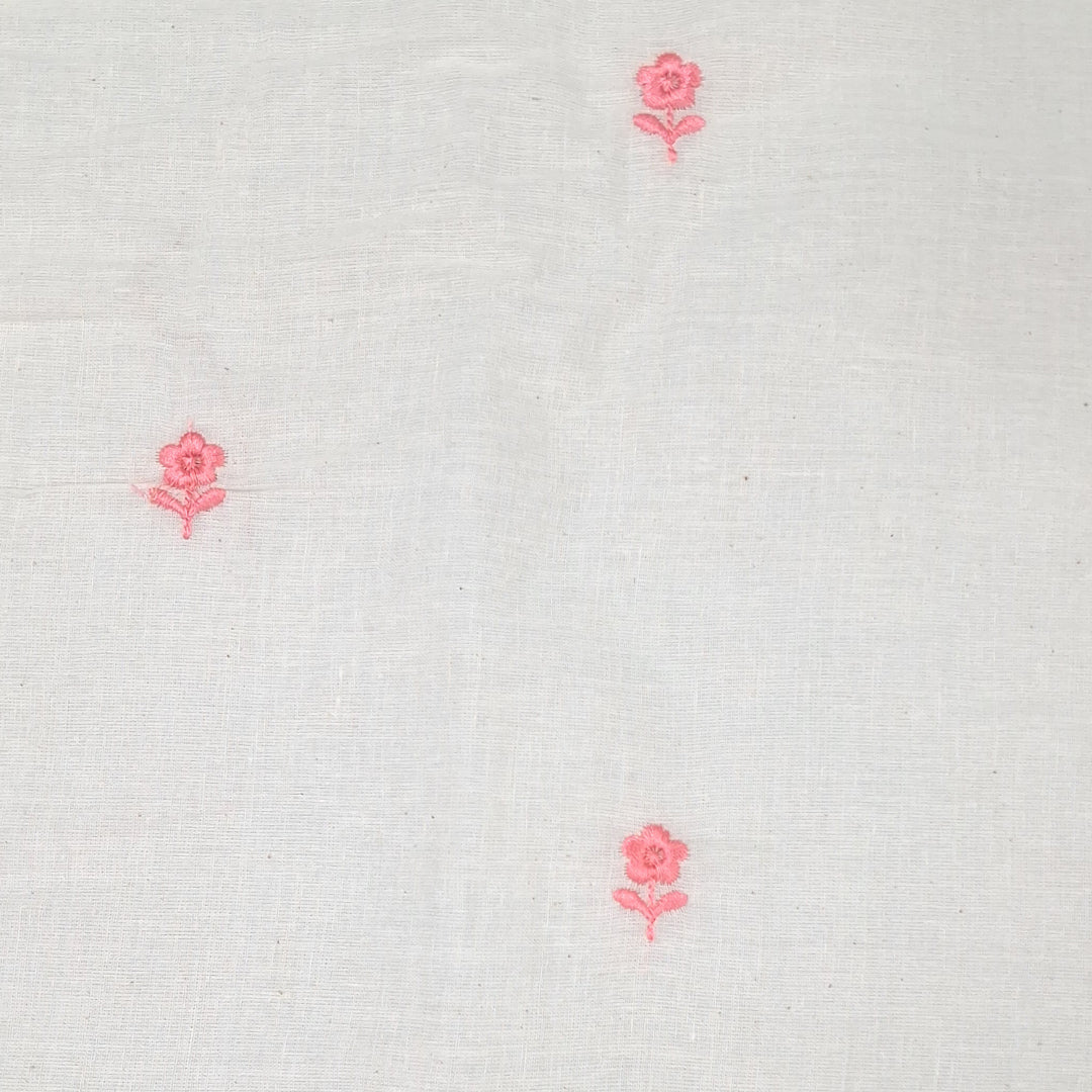 White with Single Floral Embroidery Kora Cotton Fabric