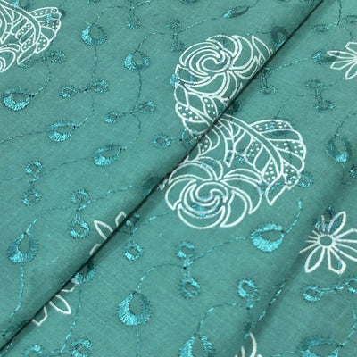 Peacock Green with White Leaf & Floral Embroidery Cotton Chikan Fabric