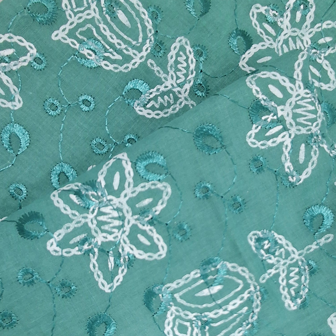 Peacock Green  with White Tulip & Daisy Embroidery Cotton Chikan Fabric