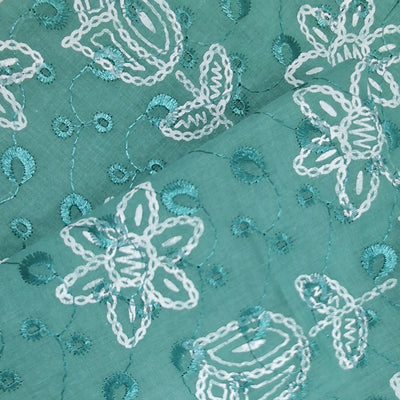 Peacock Green  with White Tulip & Daisy Embroidery Cotton Chikan Fabric