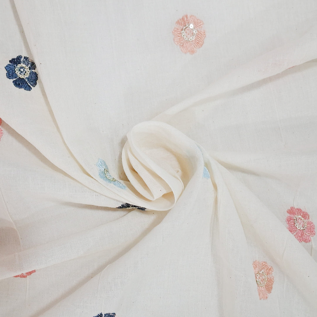 White  with Beautiful Multicolour Floral Embroidery Kora Cotton