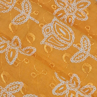 Mango Yellow with White Tulip & Daisy Embroidery Cotton Chikan Fabric
